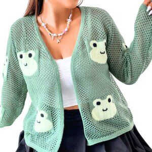 Shein Green Frog Face Knit Mesh Cardigan Sweater l Plus Size 22